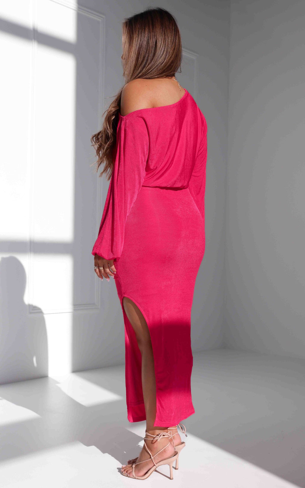 Kobe Long Sleeve Midi Dress - Watermelon Pink Sheen