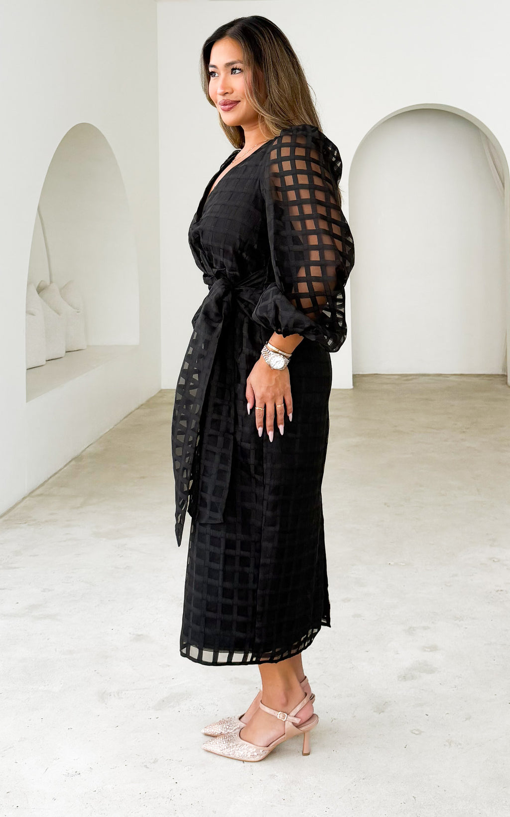 Koko Long Sleeve Midi Dress - Black Check Organza