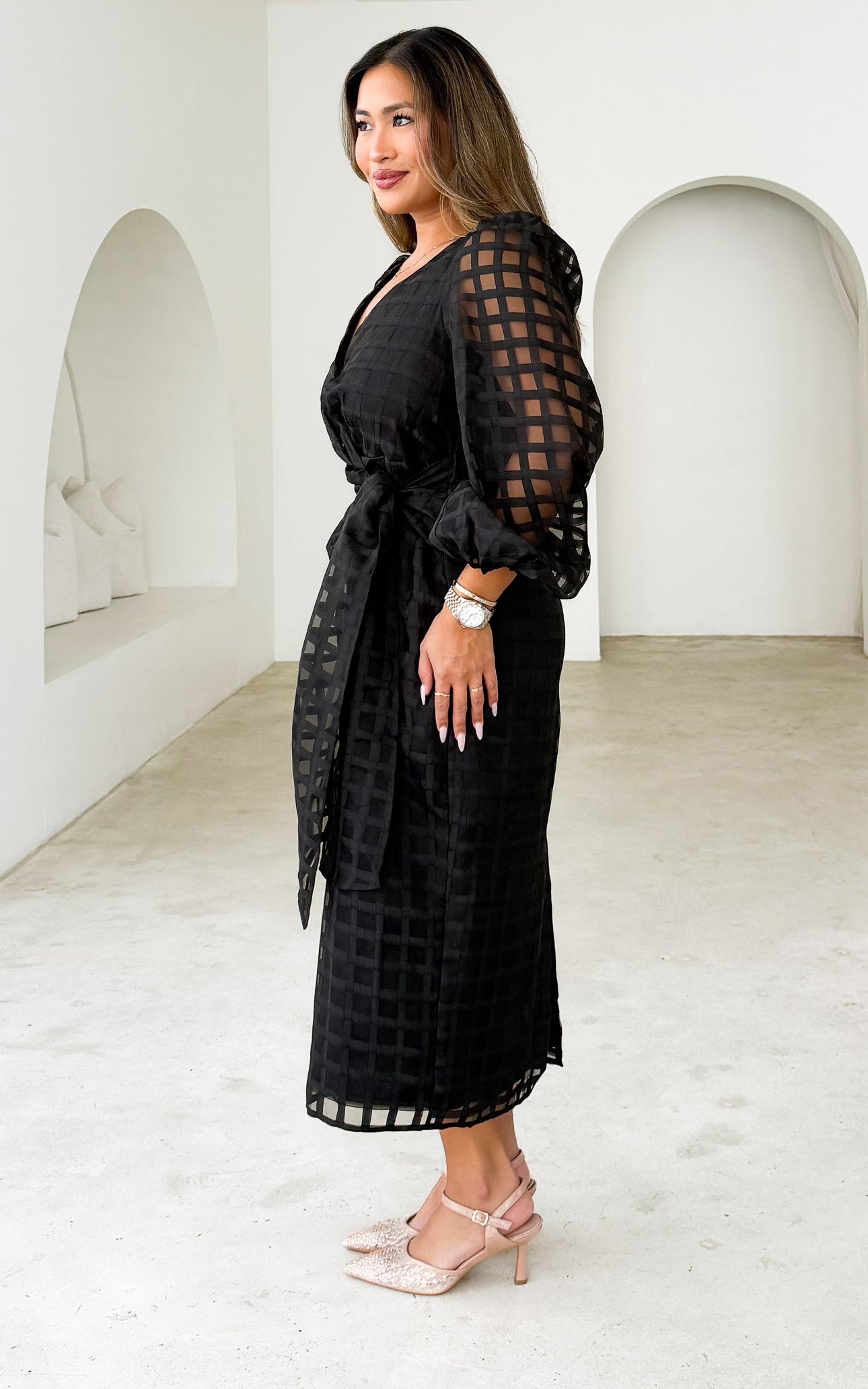 Koko Long Sleeve Midi Dress - Black Check Organza