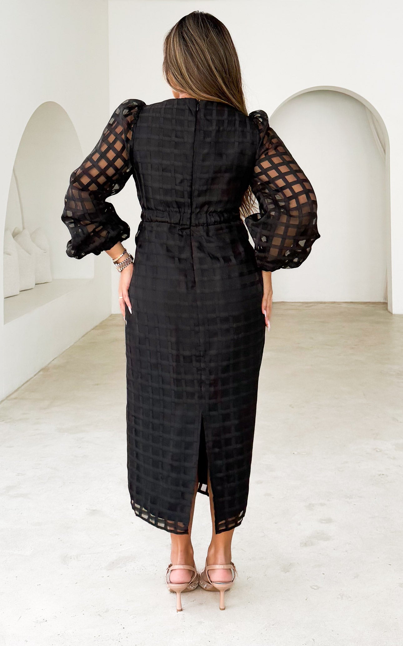 Koko Long Sleeve Midi Dress - Black Check Organza