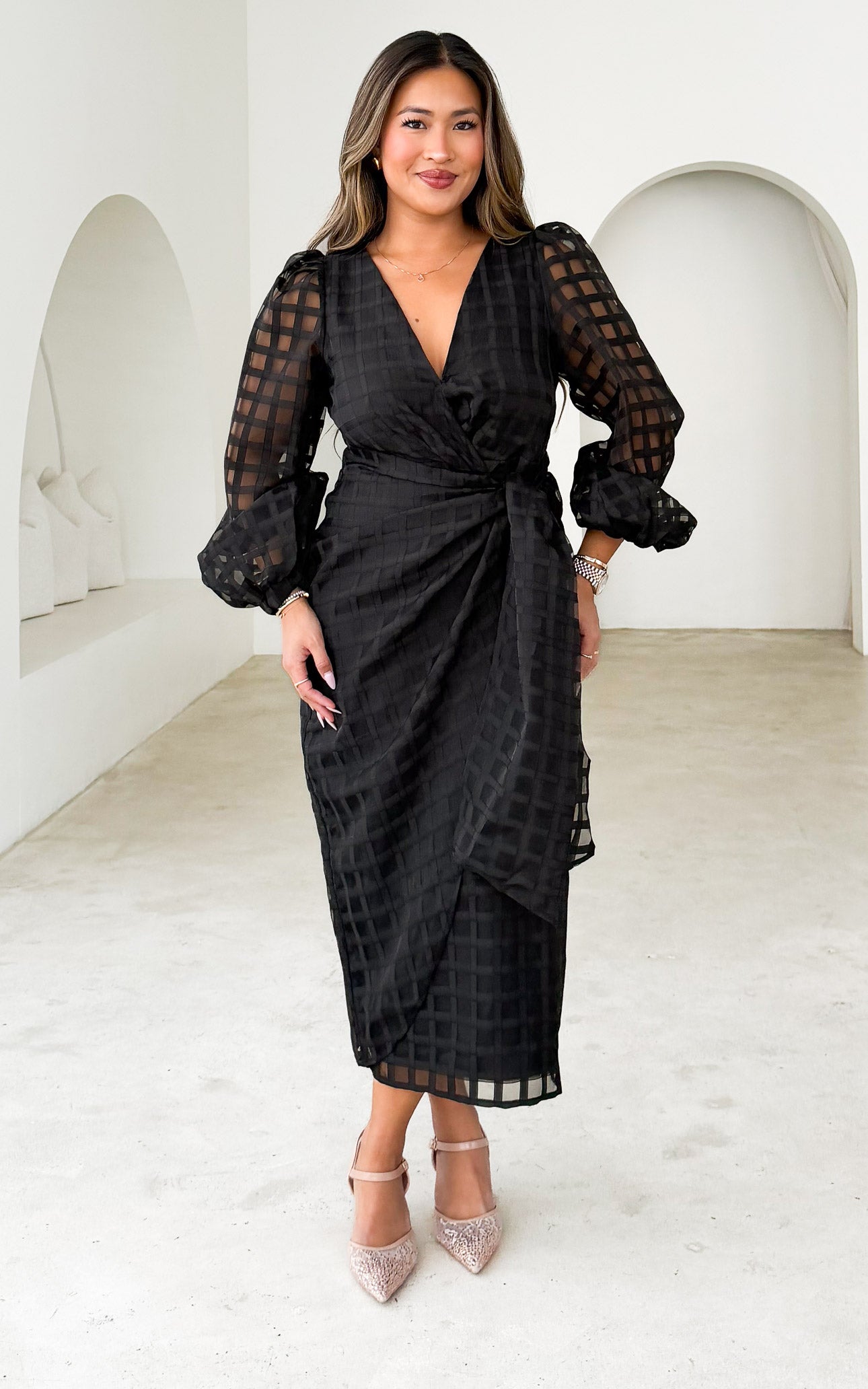 Koko Long Sleeve Midi Dress - Black Check Organza
