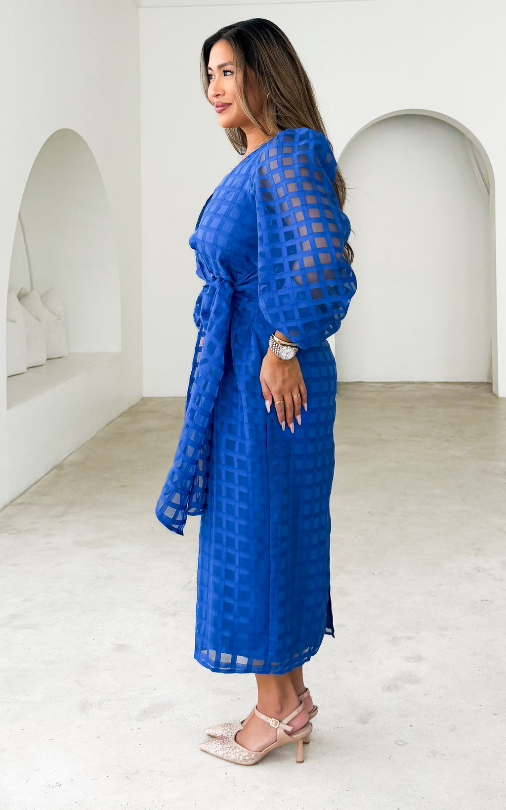 Koko Long Sleeve Midi Dress - Blue Check Organza