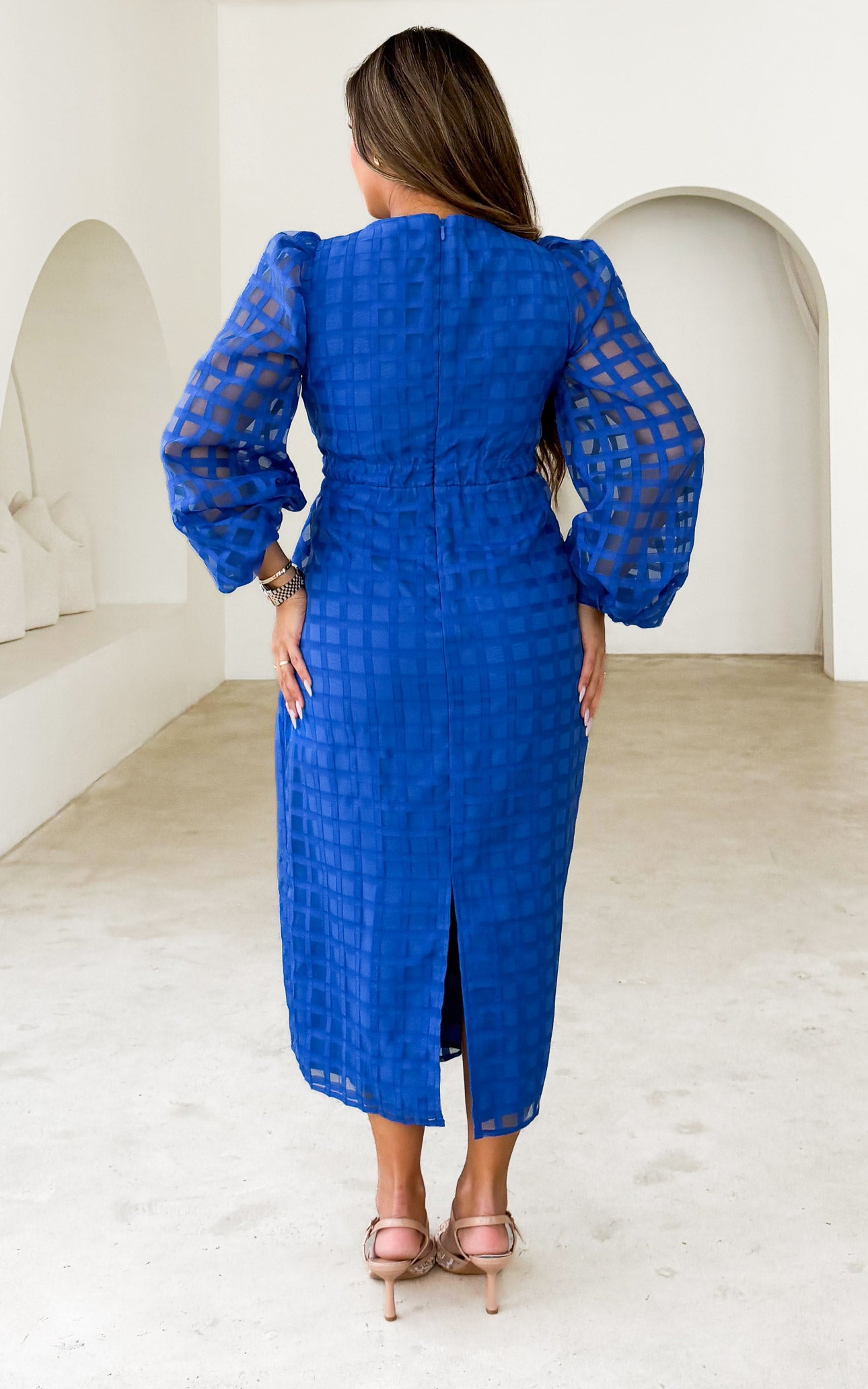 Koko Long Sleeve Midi Dress - Blue Check Organza