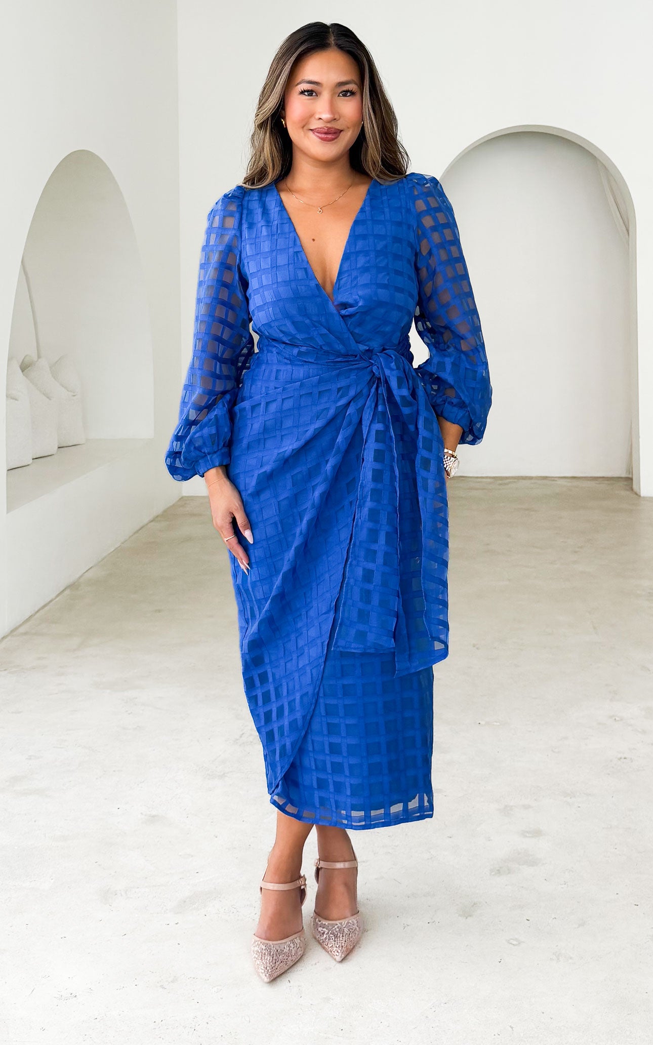 Koko Long Sleeve Midi Dress - Blue Check Organza