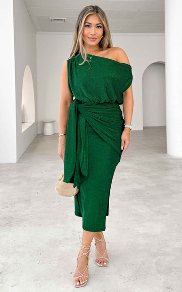 KOMPRE ASYMMETRIC OFF SHOULDER WRAP TIE SPLIT MIDI DRESS - FOREST GREEN METALLIC By Amica KOMPRE ASYMMETRIC OFF SHOULDER WRAP TIE SPLIT MIDI DRESS - FOREST GREEN METALLIC By Amica