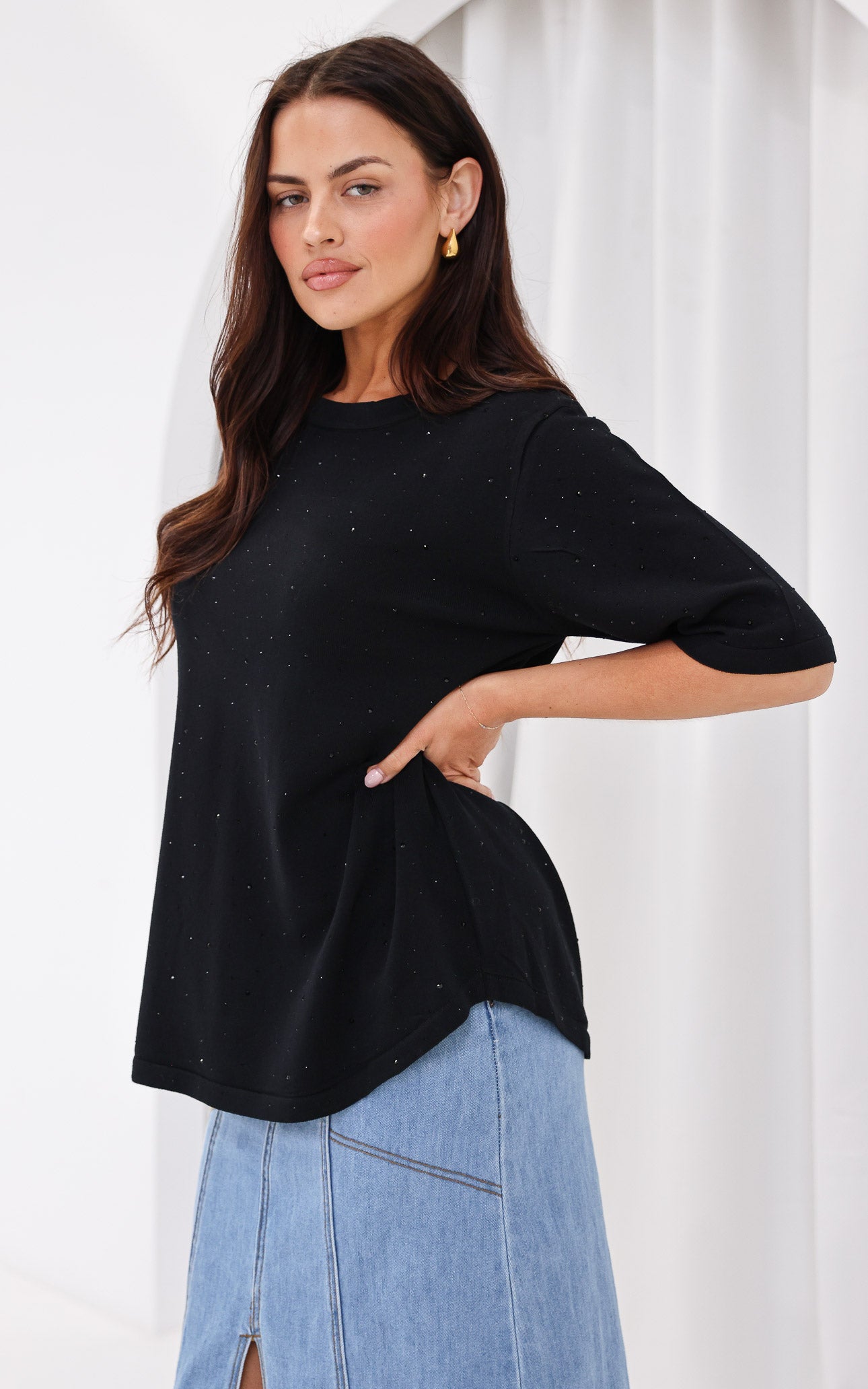 (PREORDER) Kenzia Diamante Knit Top - Black