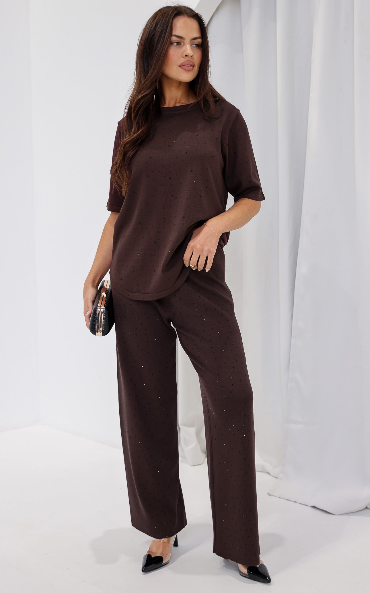 Kenzia Diamante Knit Top - Chocolate Brown