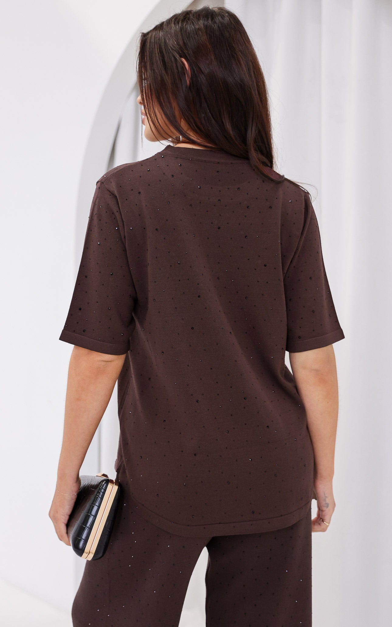 (PREORDER) Kenzia Diamante Knit Top - Chocolate Brown