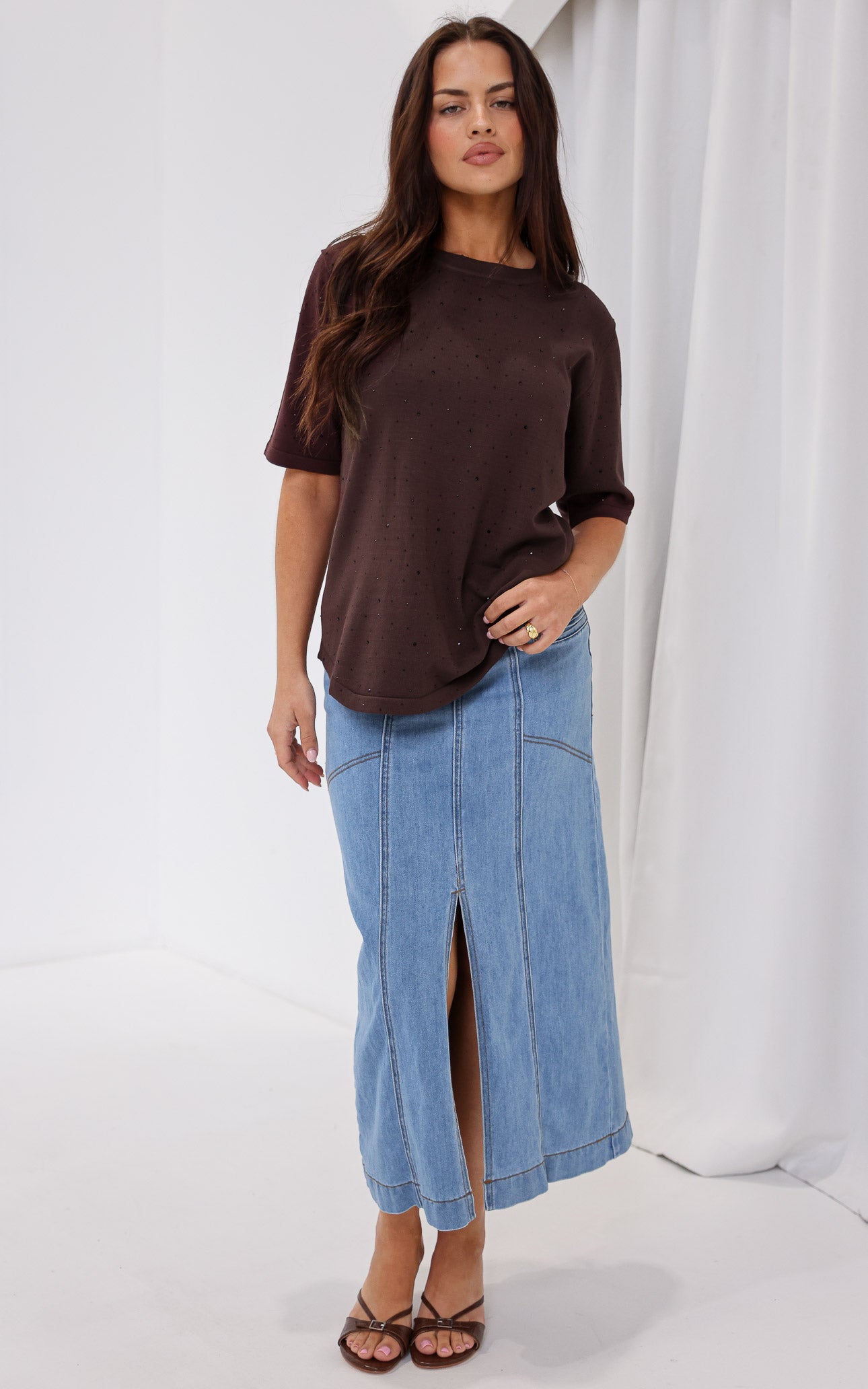 (PREORDER) Kenzia Diamante Knit Top - Chocolate Brown