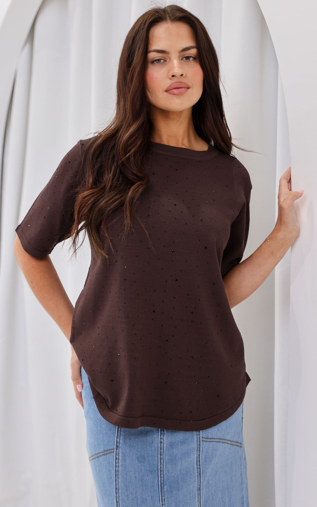 Kenzia Diamante Knit Top - Chocolate Brown