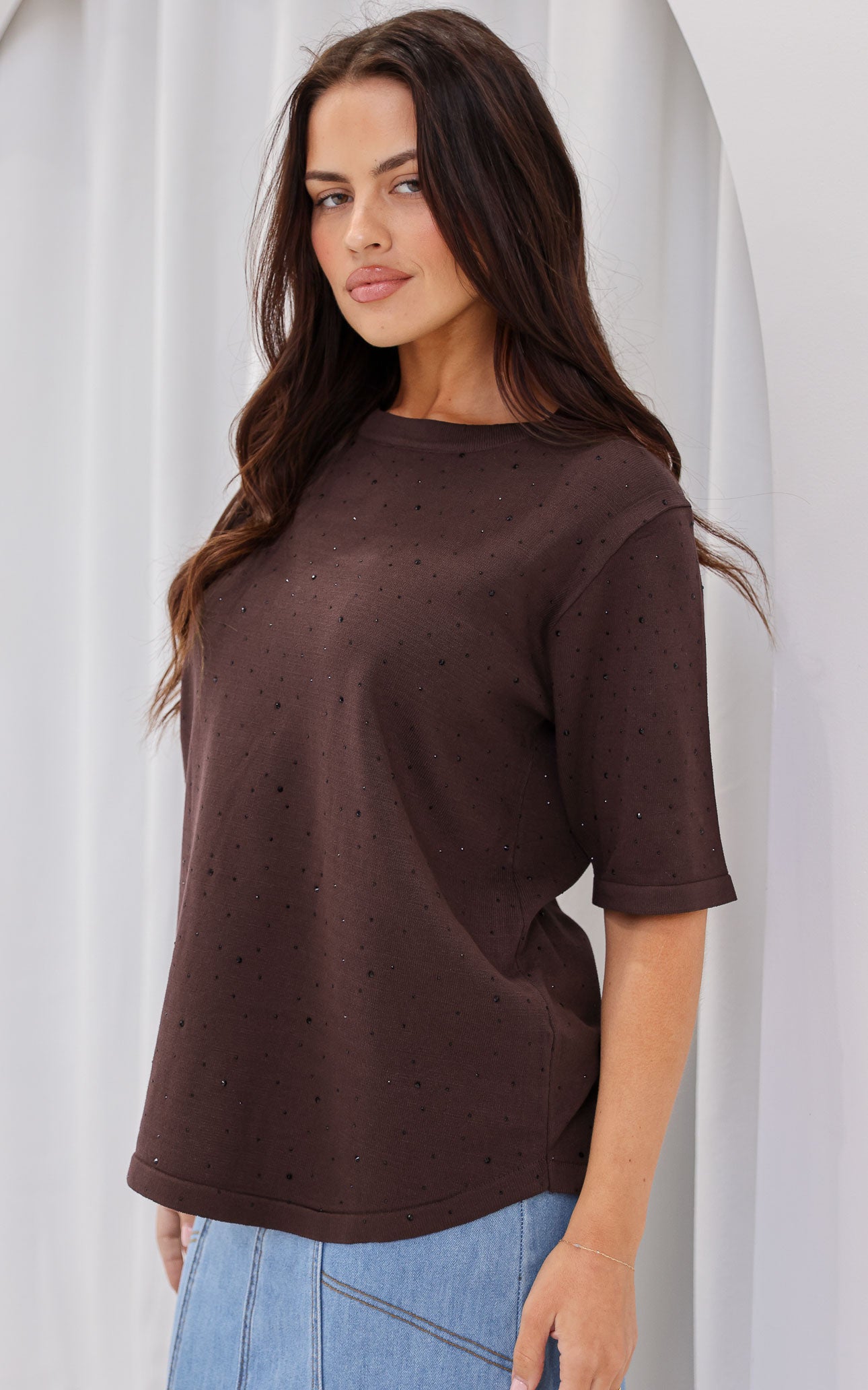 Kenzia Diamante Knit Top - Chocolate Brown