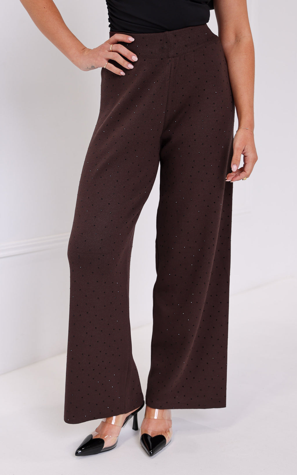 Kenzia Diamante Wide Leg Knit Pants - Chocolate Brown