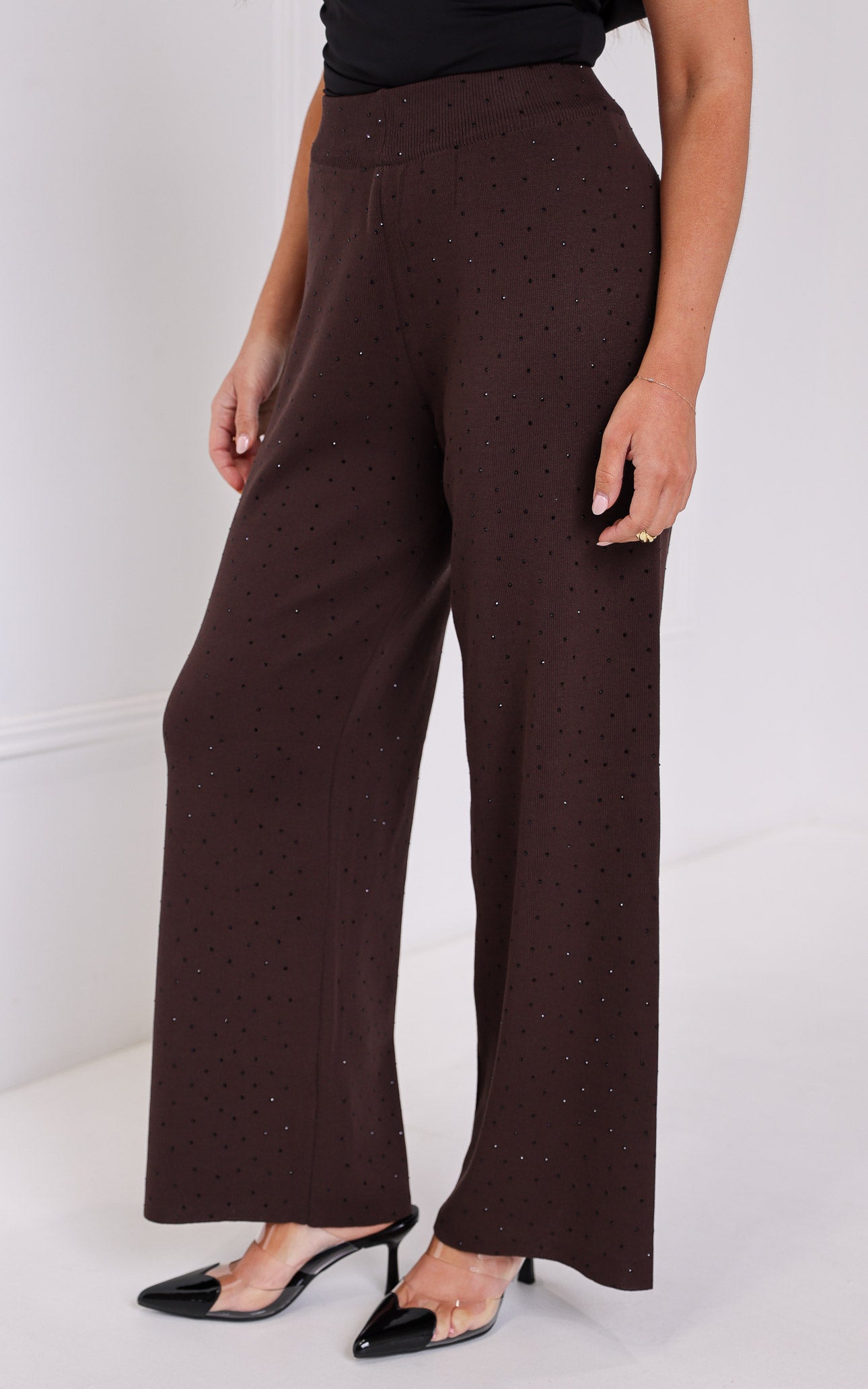 Kenzia Diamante Wide Leg Knit Pants - Chocolate Brown