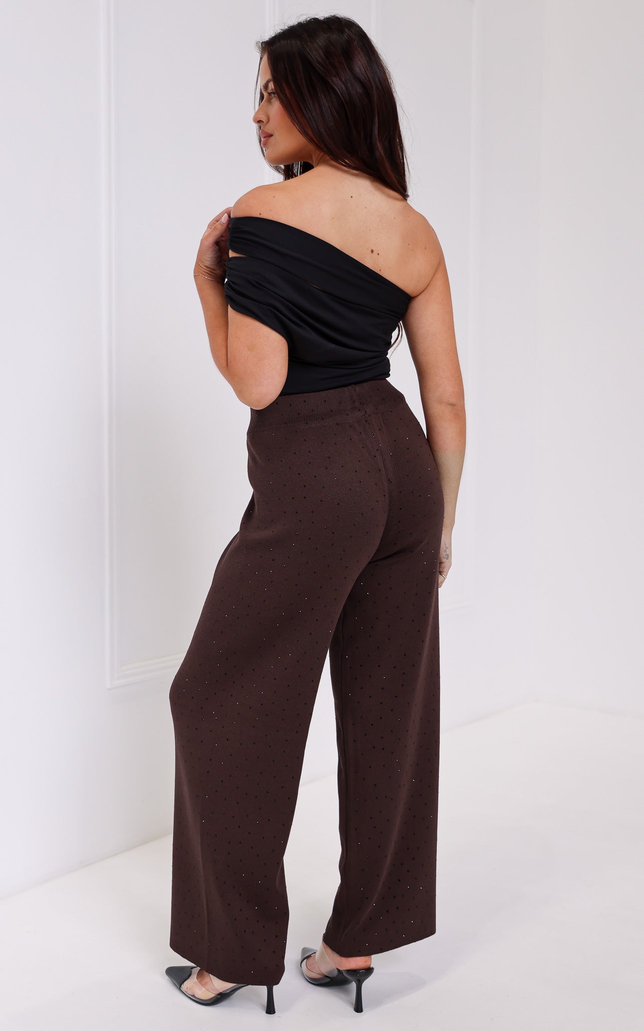 Kenzia Diamante Wide Leg Knit Pants - Chocolate Brown