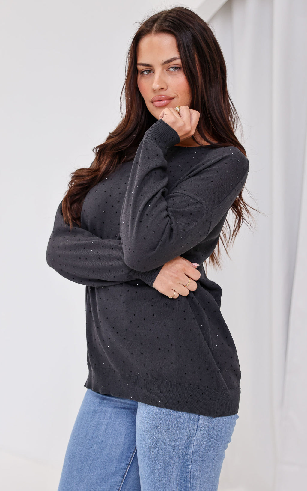 Kimani Diamante Knit Jumper - Charcoal Black