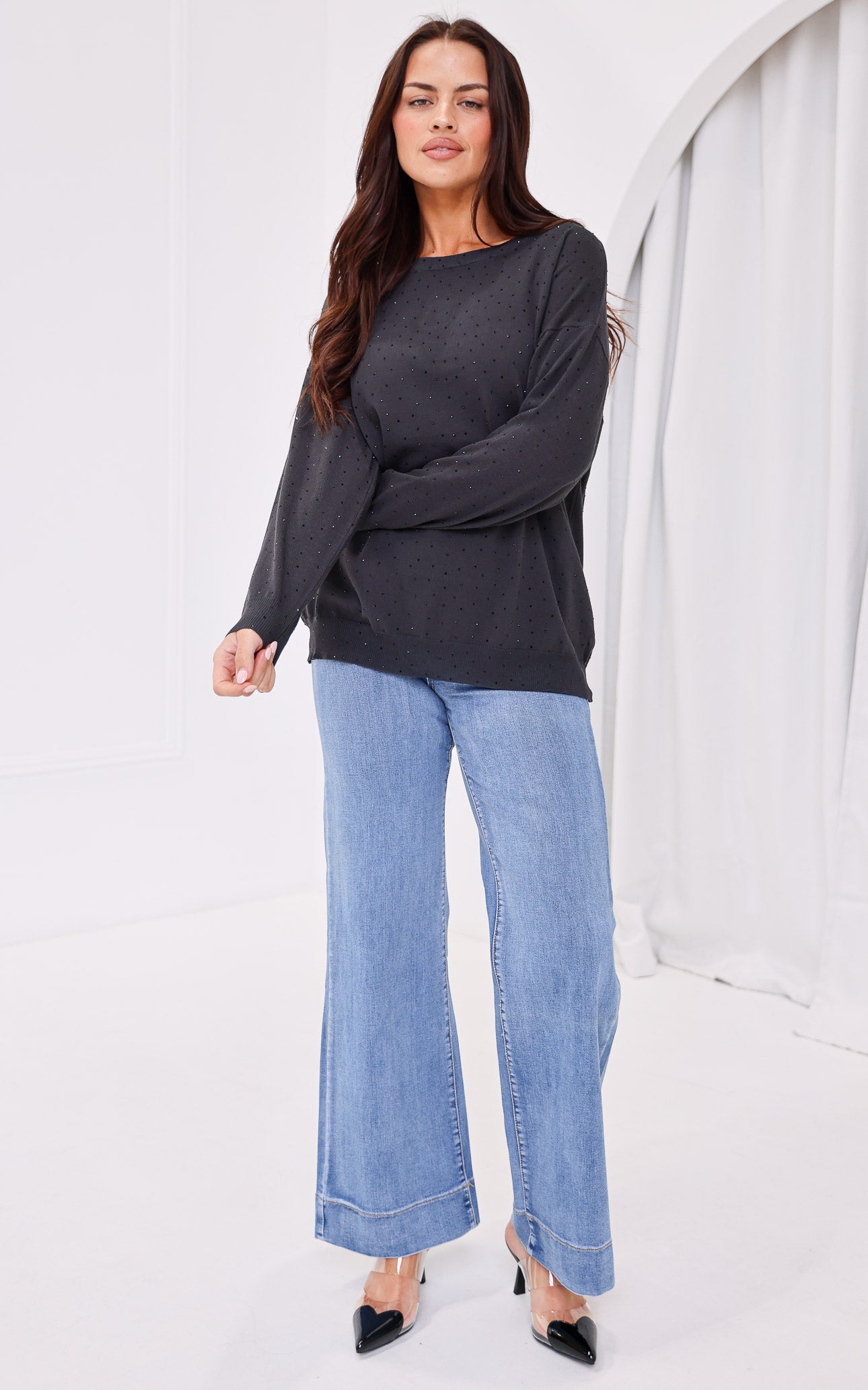 Kimani Diamante Knit Jumper - Charcoal Black