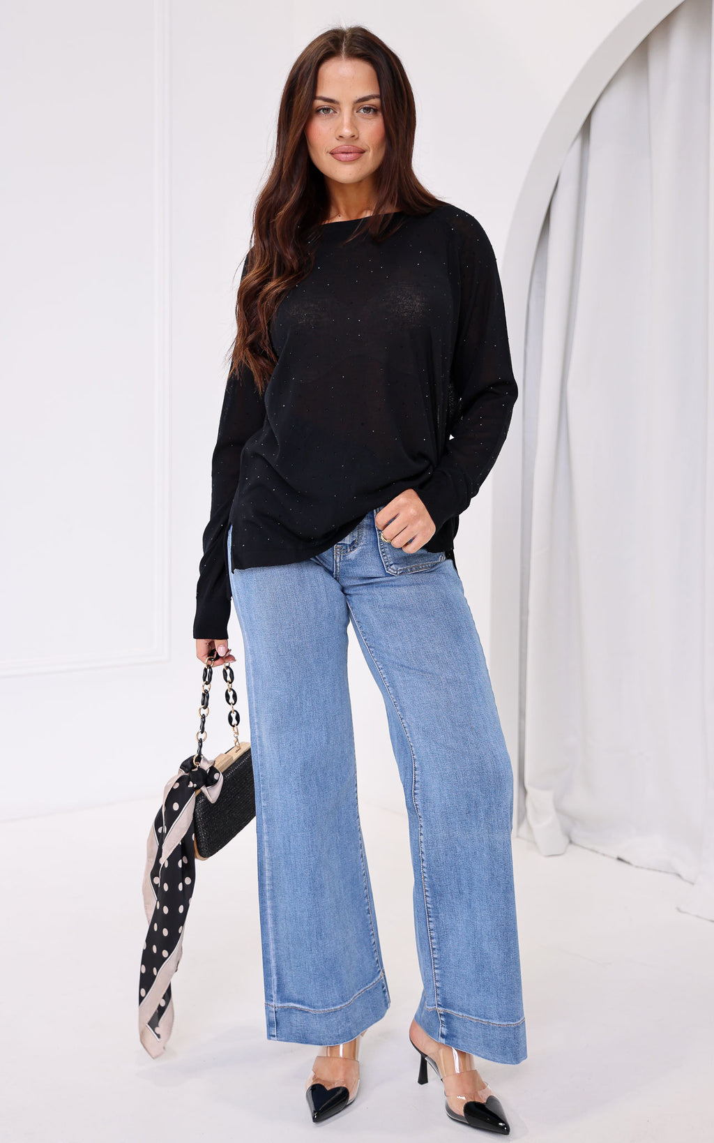 Kora Diamante Long Sleeve Knit Top - Black