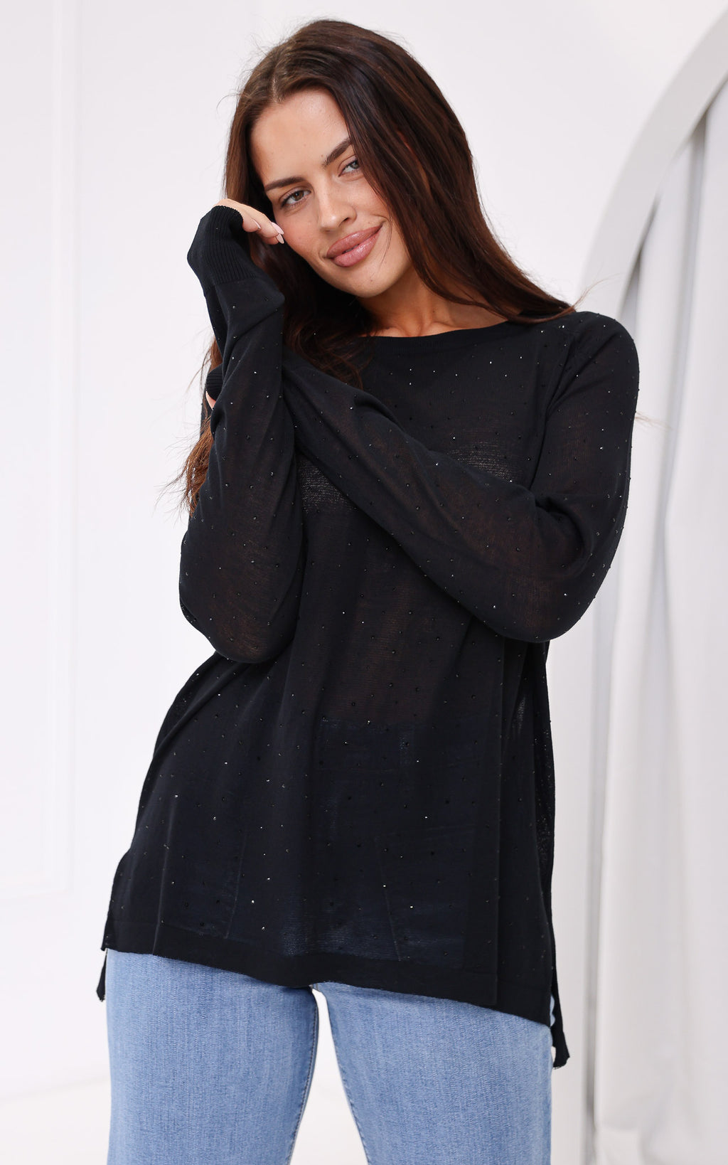Kora Diamante Long Sleeve Knit Top - Black
