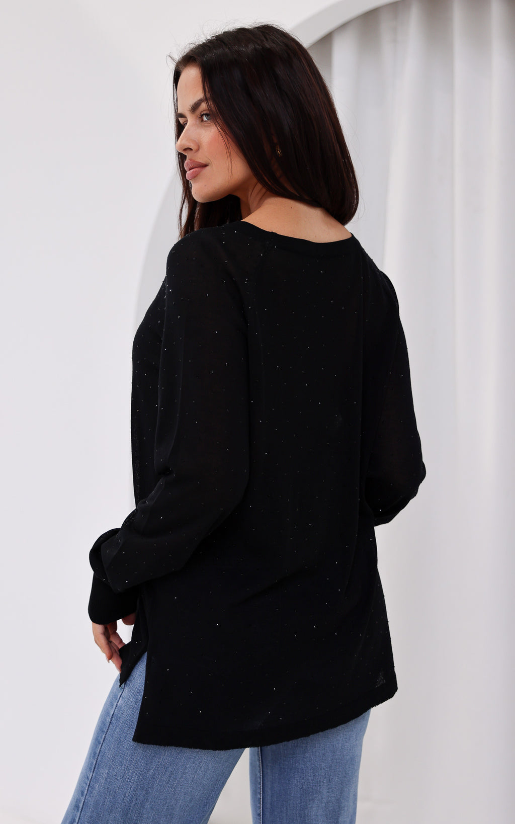 Kora Diamante Long Sleeve Knit Top - Black
