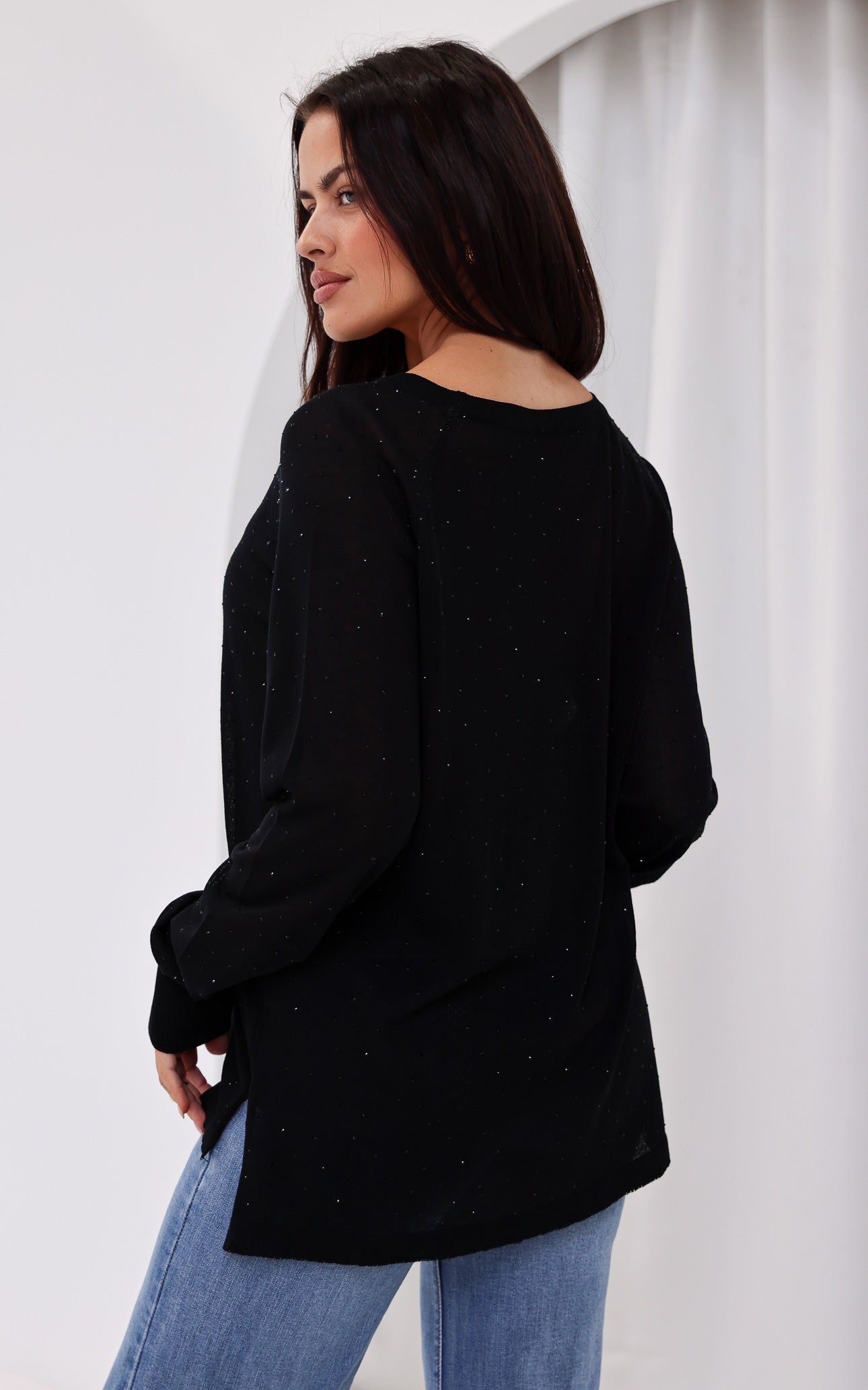 Kora Diamante Long Sleeve Knit Top - Black