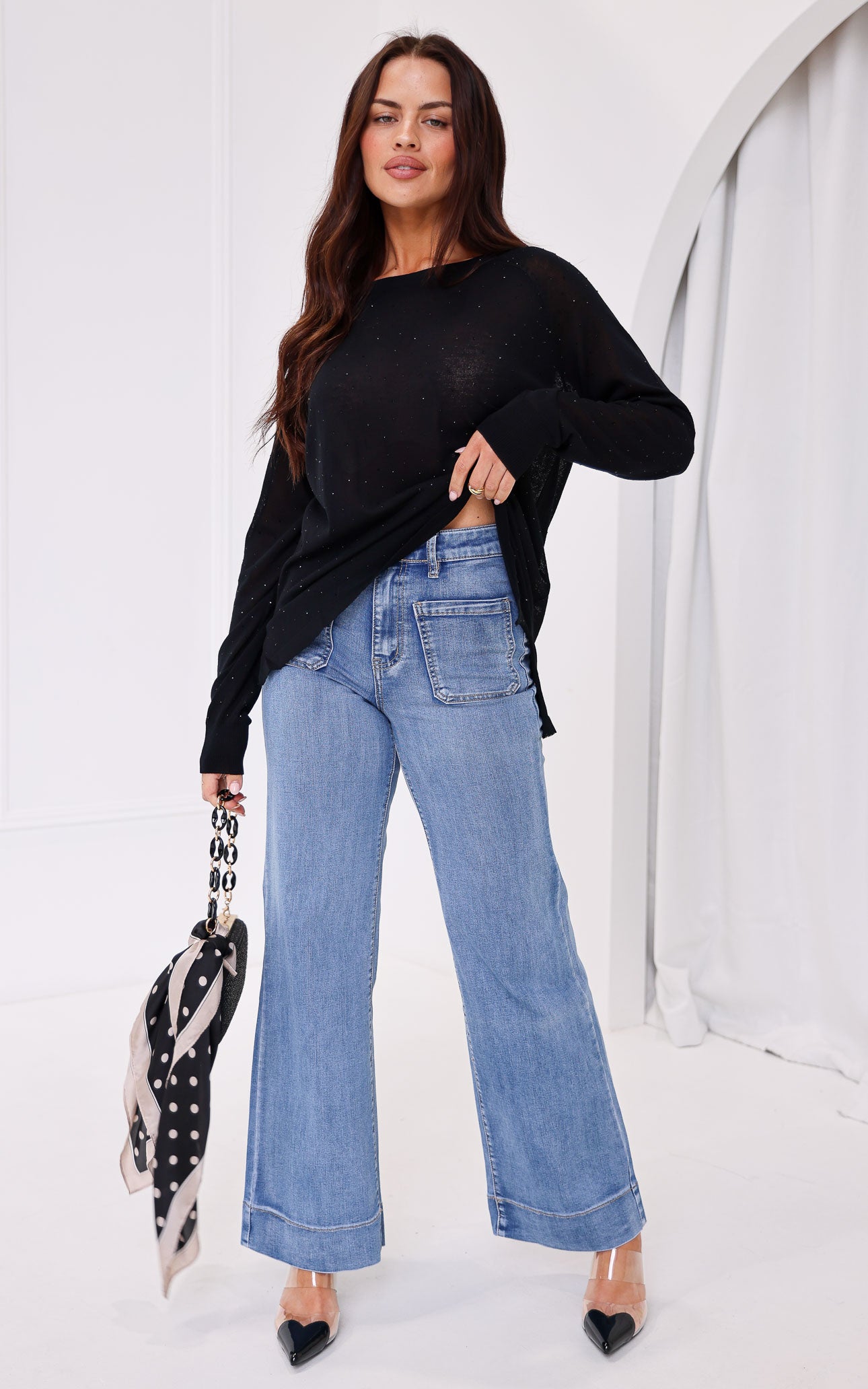 Kora Diamante Long Sleeve Knit Top - Black