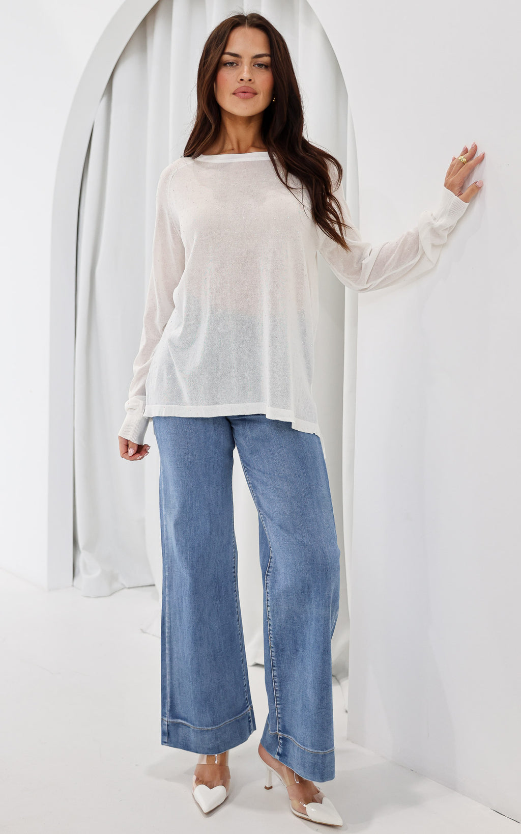Kora Diamante Long Sleeve Knit Top - White