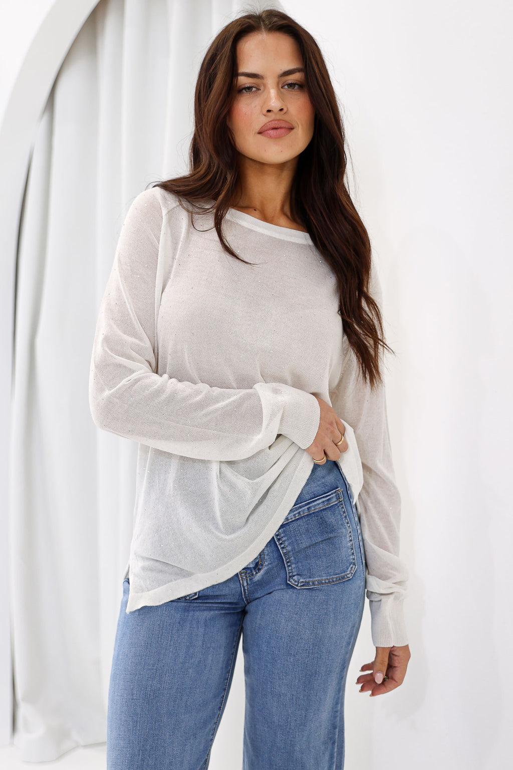 Kora Diamante Long Sleeve Knit Top - White