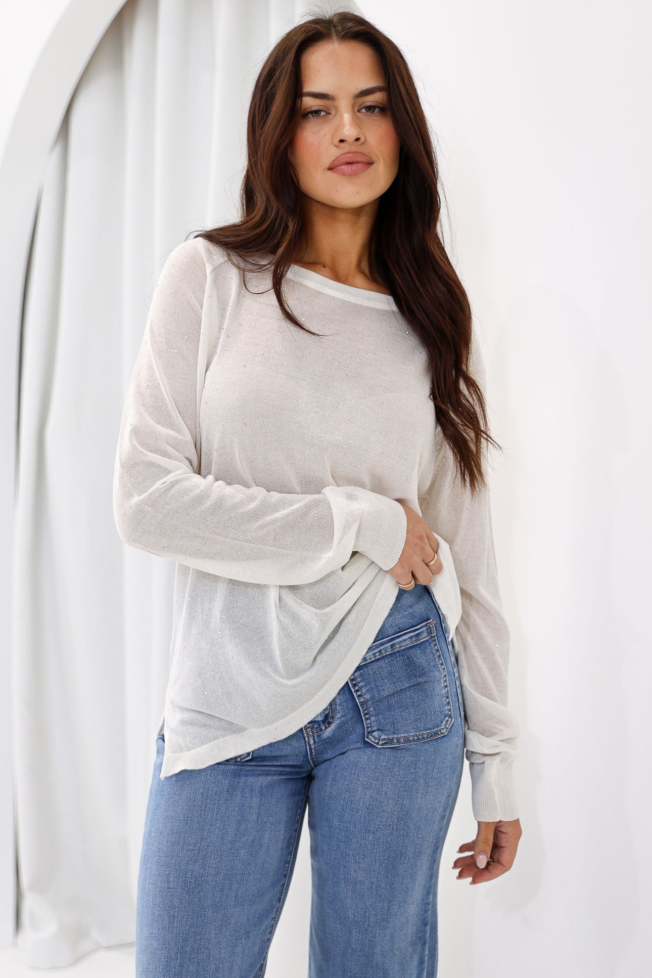 Kora Diamante Long Sleeve Knit Top - White