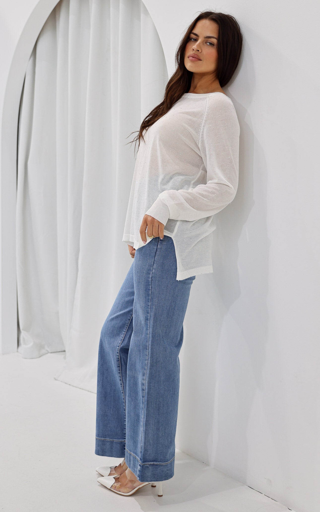 Kora Diamante Long Sleeve Knit Top - White