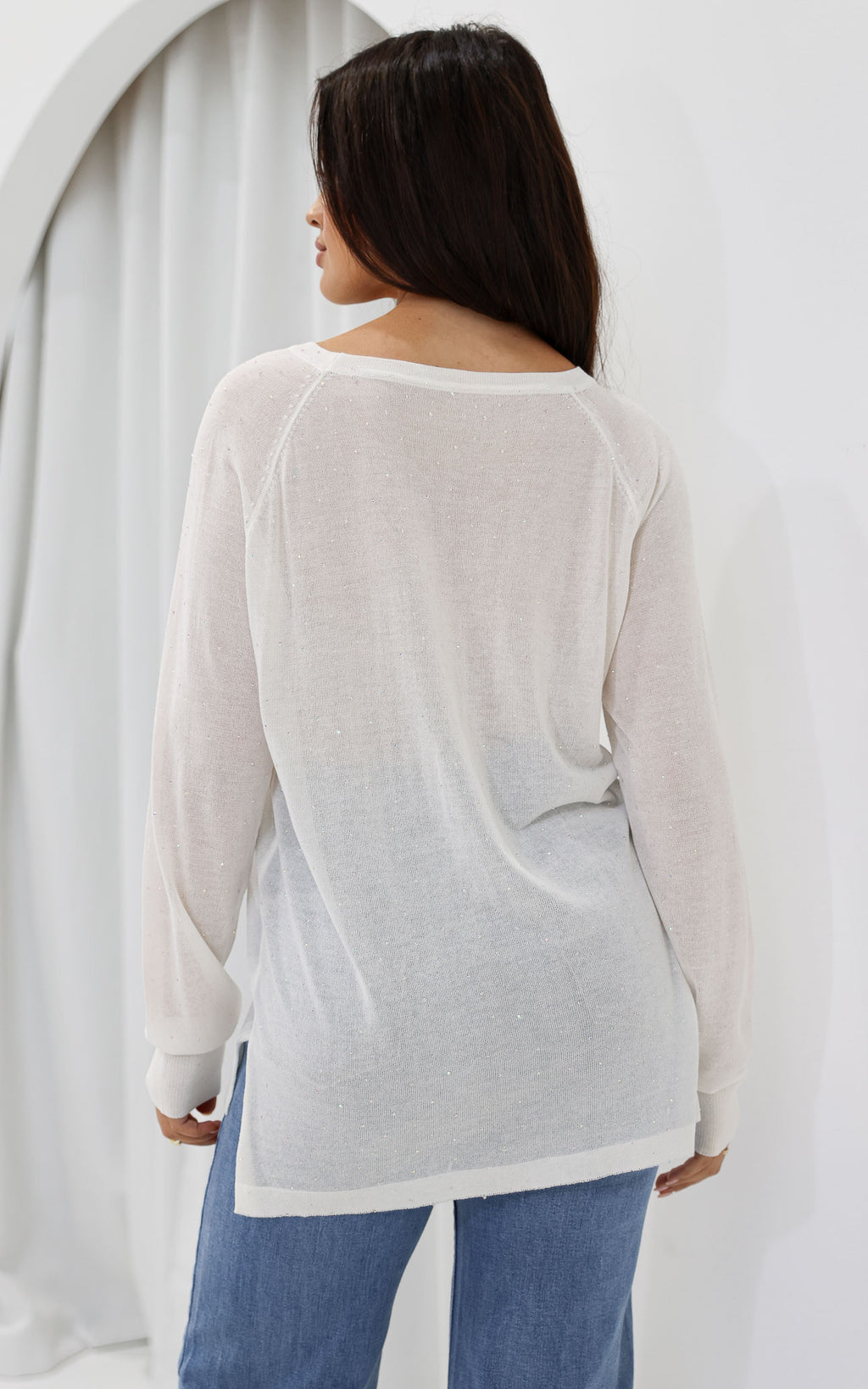 Kora Diamante Long Sleeve Knit Top - White