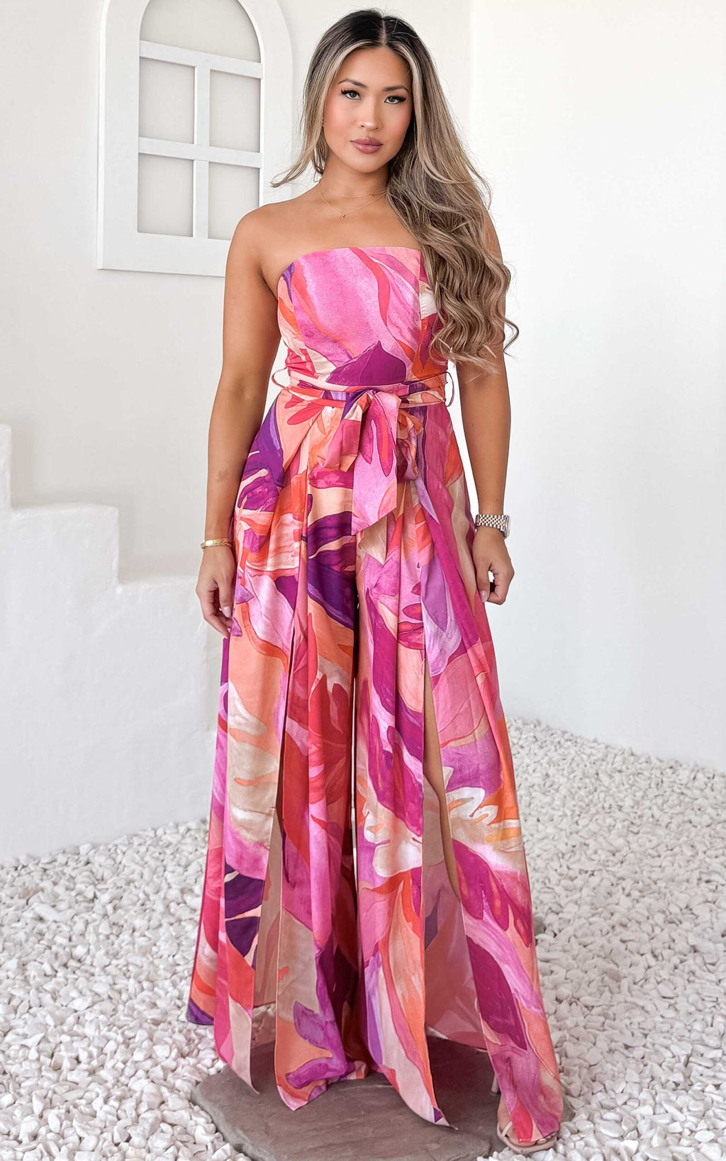 Lagoon Split Detail Jumpsuit - Pink Abstract Print