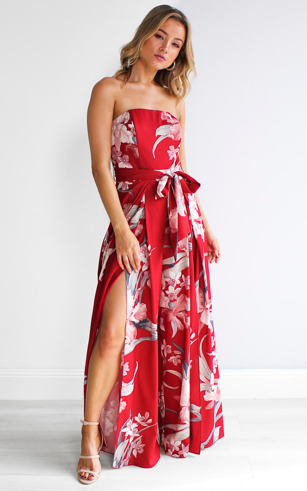 Lagoon Split Detail Jumpsuit - Red Floral