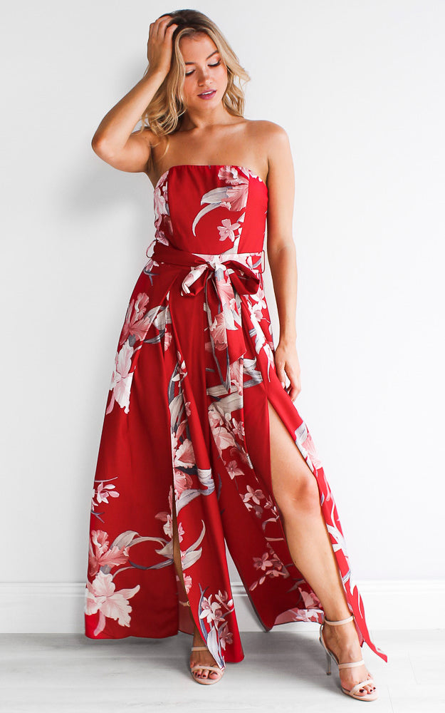 Lagoon Split Detail Jumpsuit - Red Floral