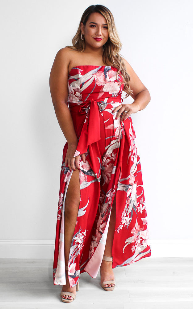 Lagoon Split Detail Jumpsuit - Red Floral