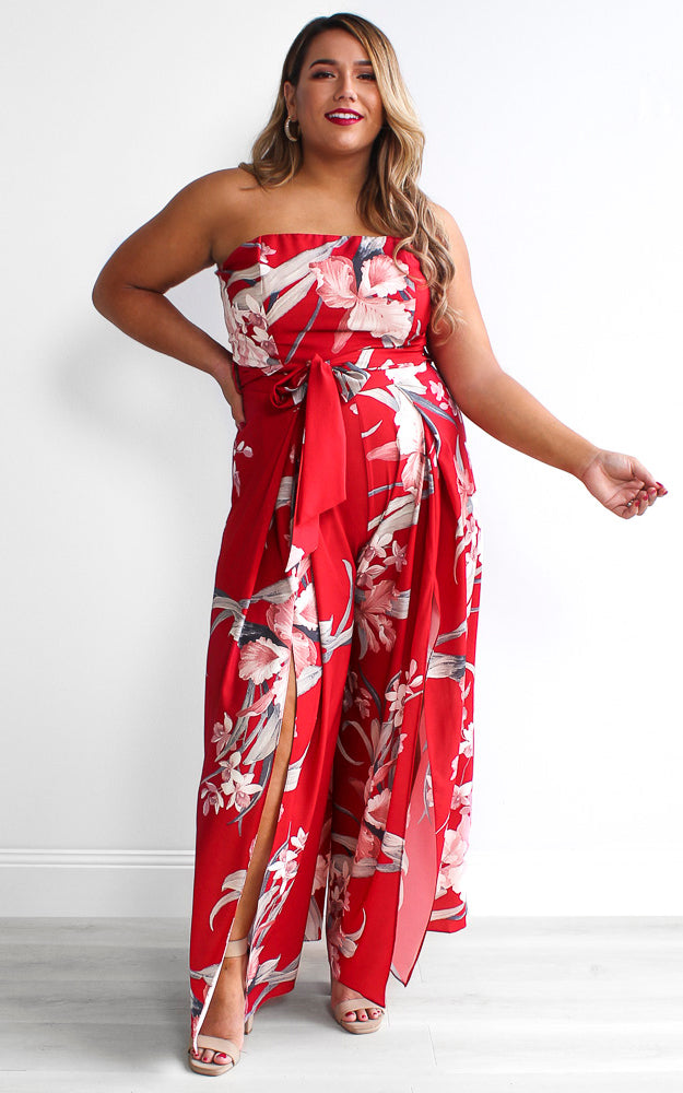 Lagoon Split Detail Jumpsuit - Red Floral
