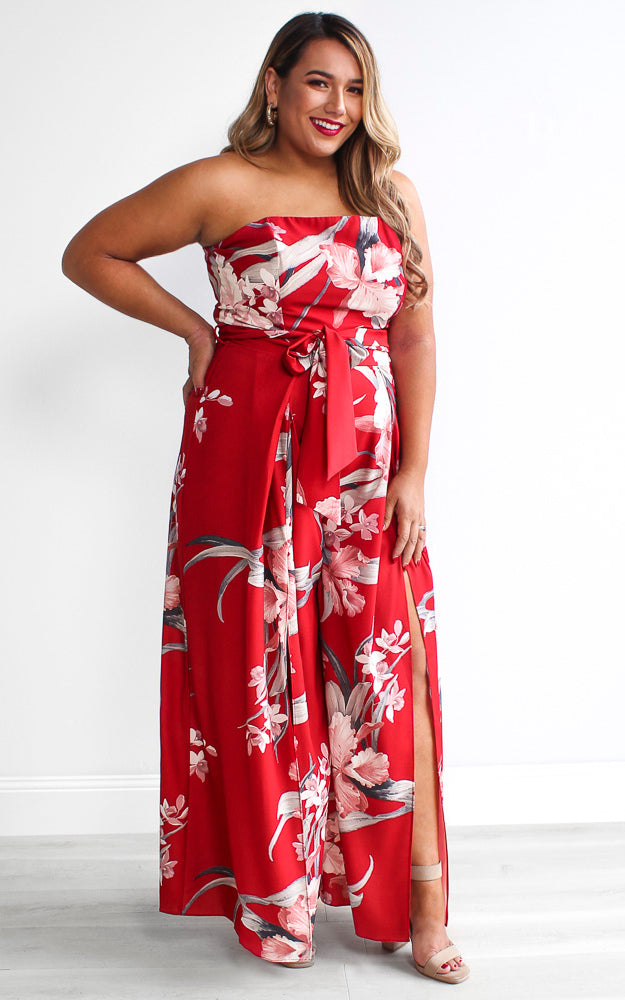Lagoon Split Detail Jumpsuit - Red Floral