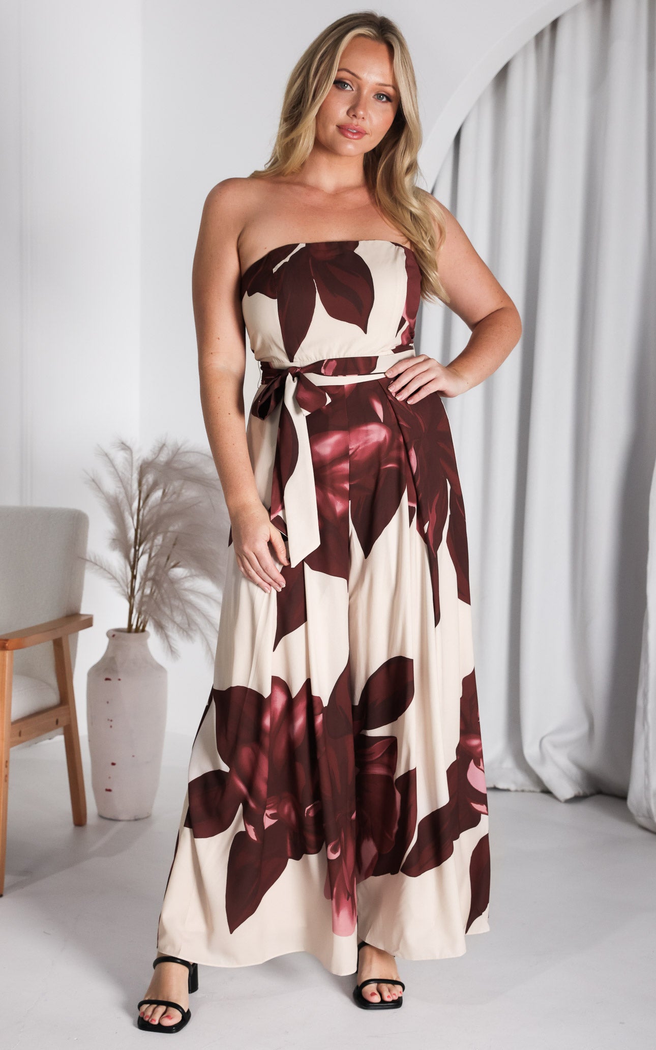 Lagoon Shirred Back Panel Jumpsuit - Cream Wine Floral
