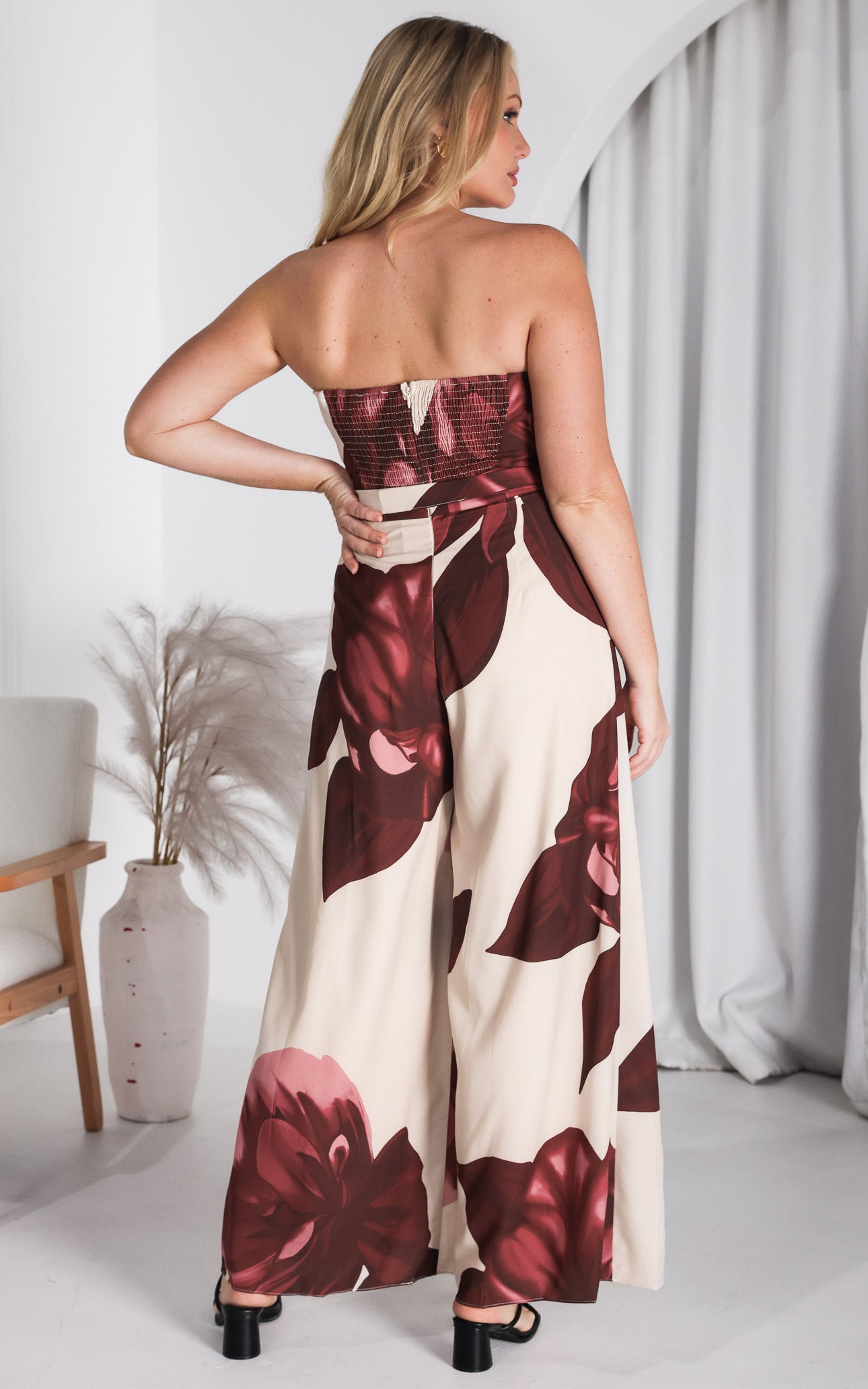 Lagoon Shirred Back Panel Jumpsuit - Cream Wine Floral