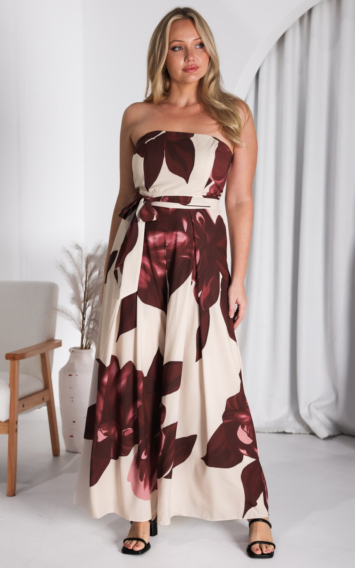 Lagoon Shirred Back Panel Jumpsuit - Cream Wine Floral