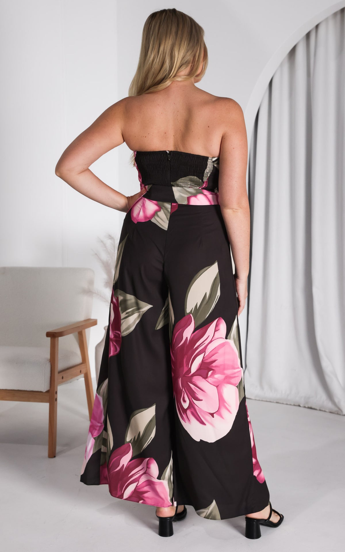 Lagoon Shirred Back Panel Jumpsuit - Black Pink Floral