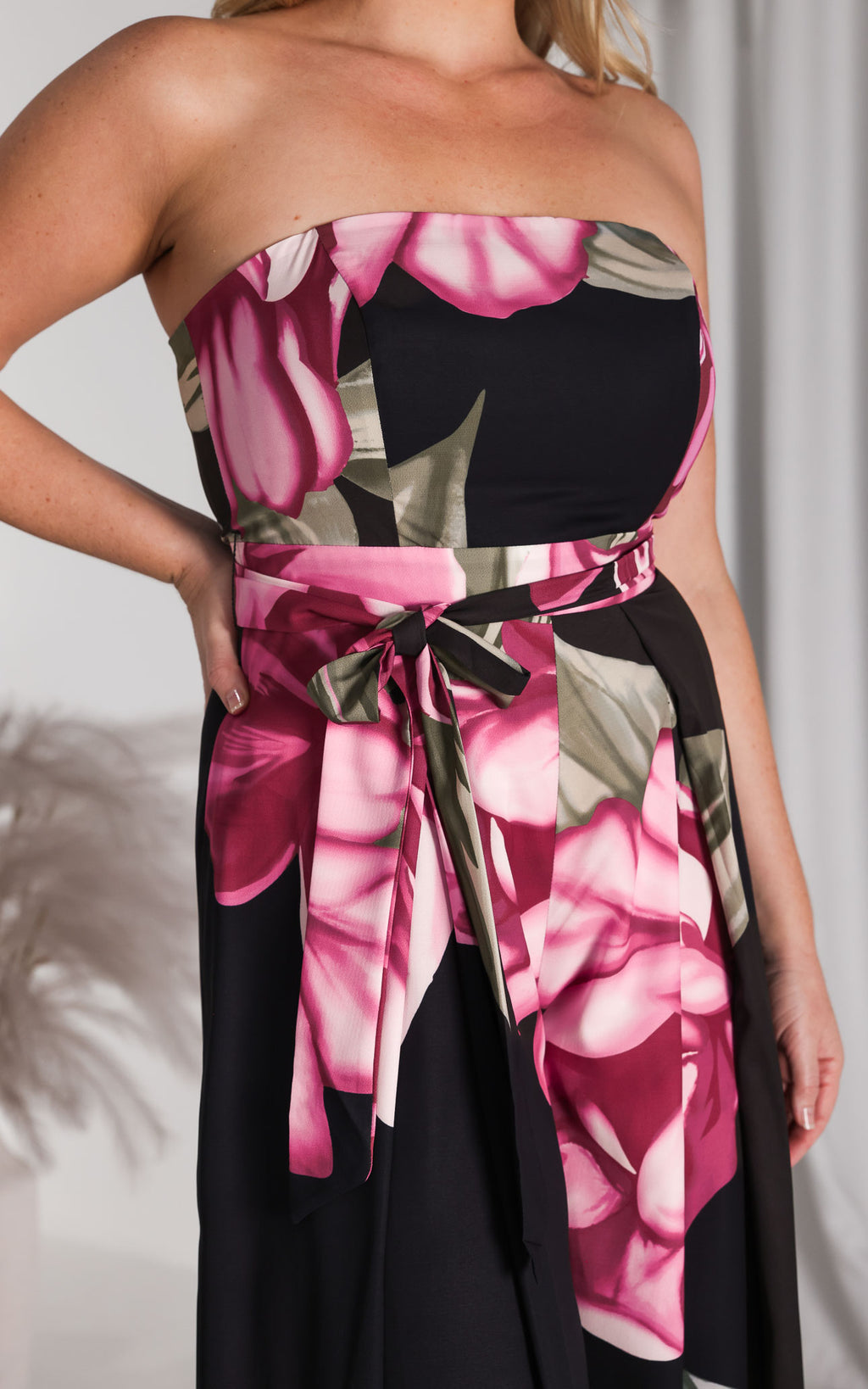 Lagoon Shirred Back Panel Jumpsuit - Black Pink Floral