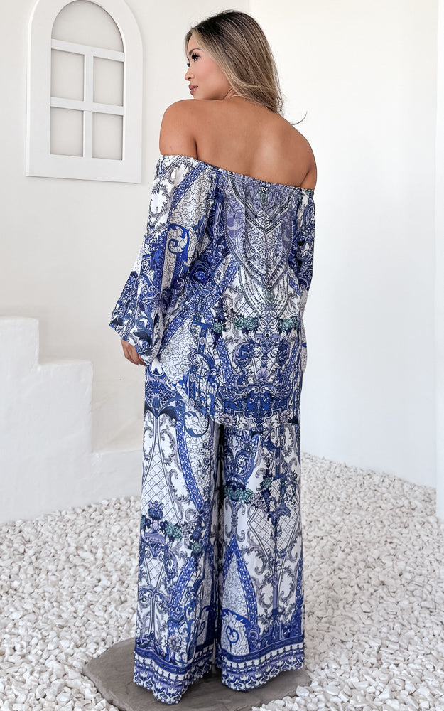 Layla Wide Leg Pants - White Blue Floral