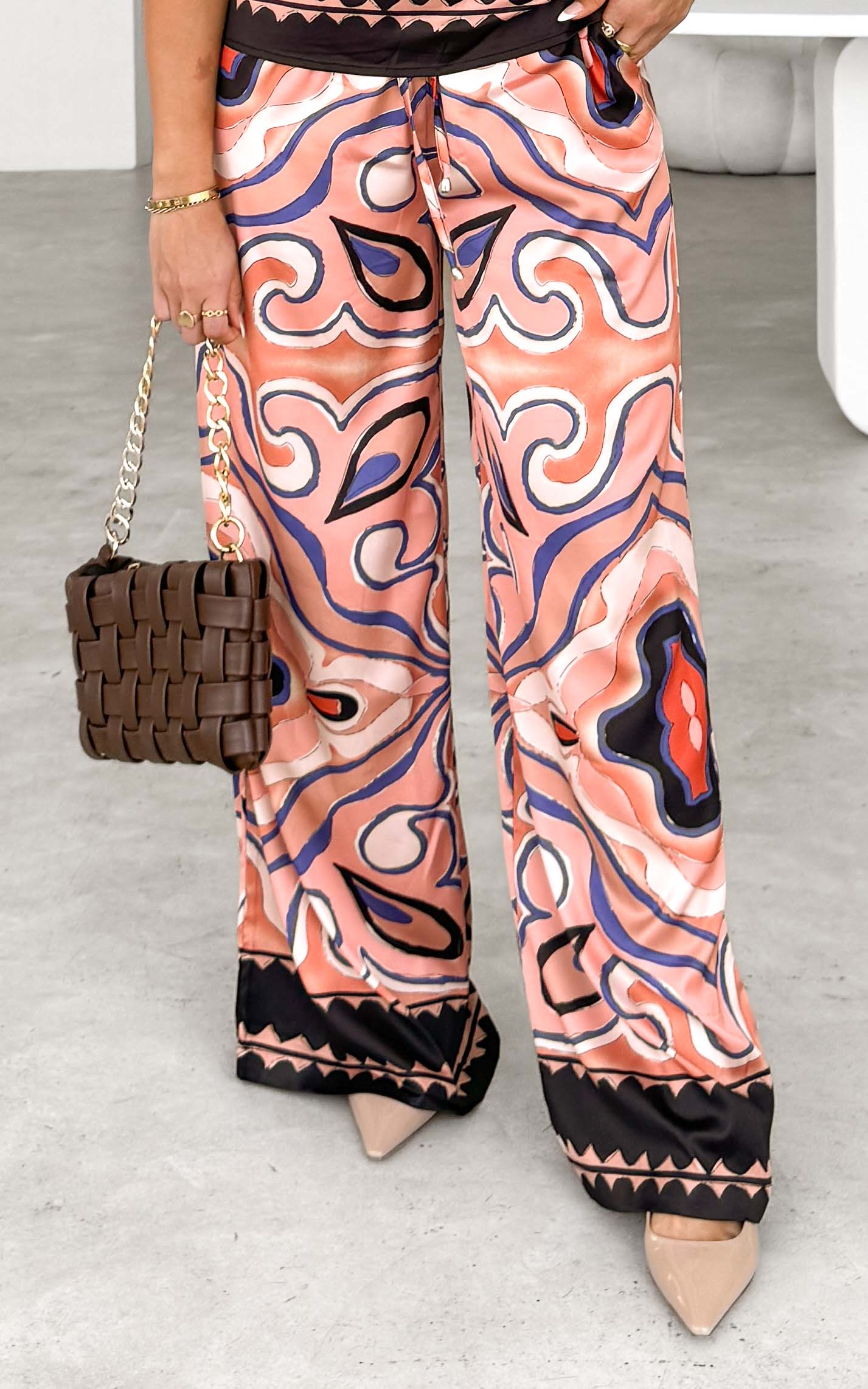 Lazina Wide Leg Pants - Peach Black Multi Print