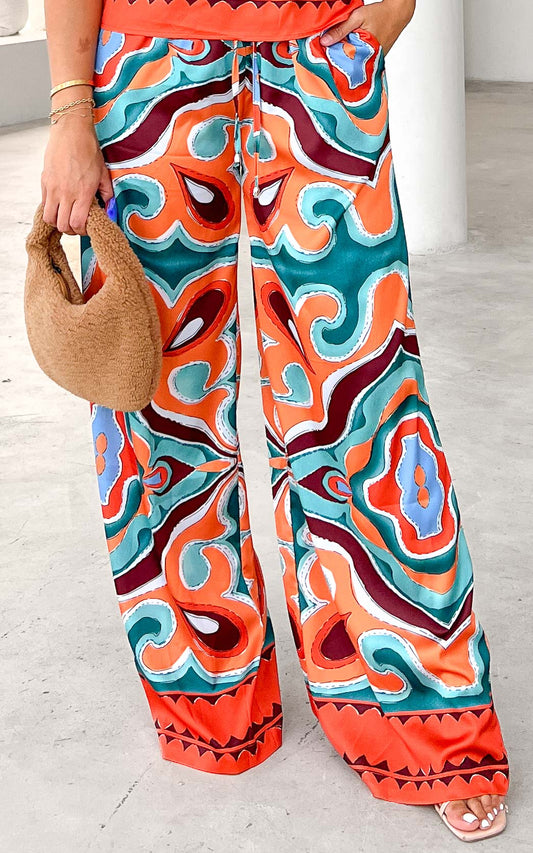 Lazina Wide Leg Pants - Orange Green Multi Print