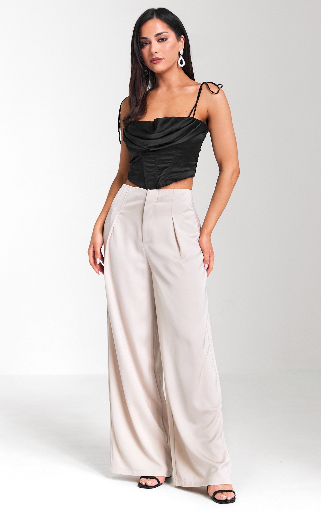 Leah Wide Leg Satin Pants - Beige