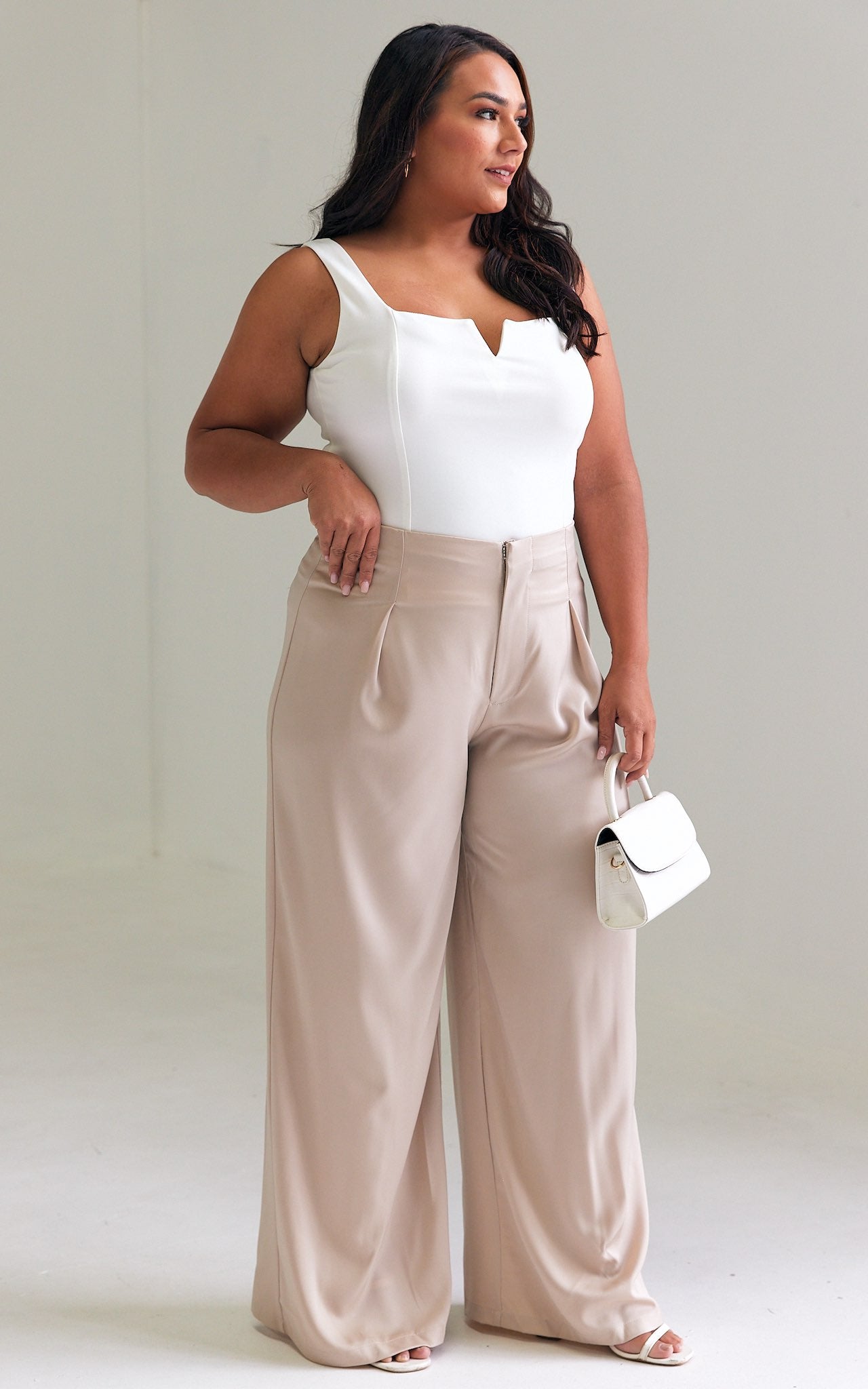 Leah Wide Leg Satin Pants - Beige