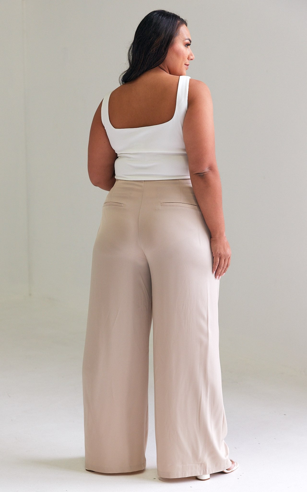 Leah Wide Leg Satin Pants - Beige