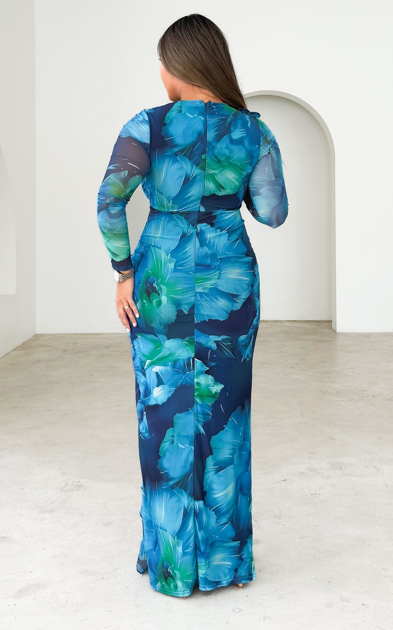 Leandro Long Sleeve Mesh Maxi Dress - Blue Green Floral
