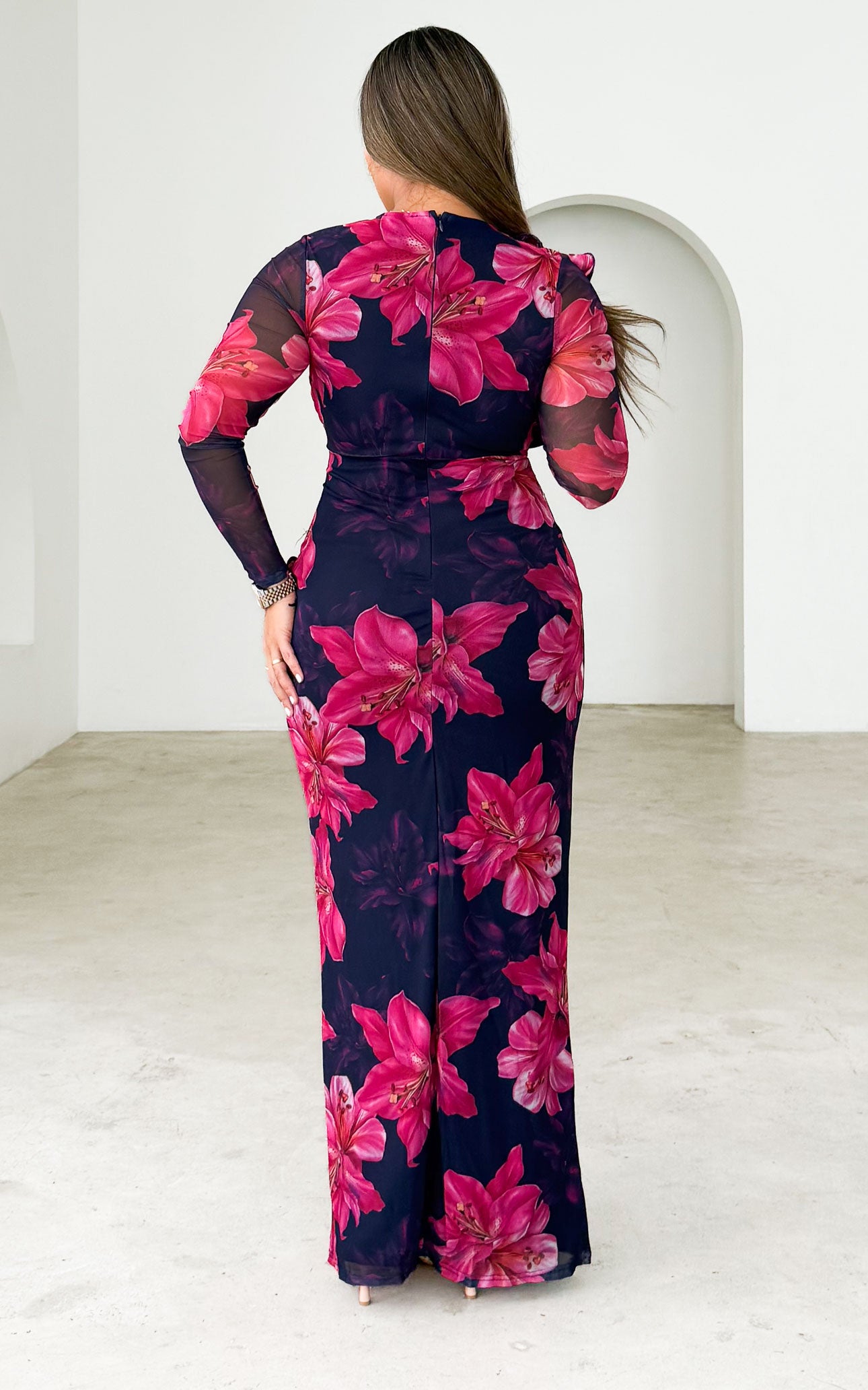 Leandro Long Sleeve Mesh Maxi Dress - Navy Pink Floral