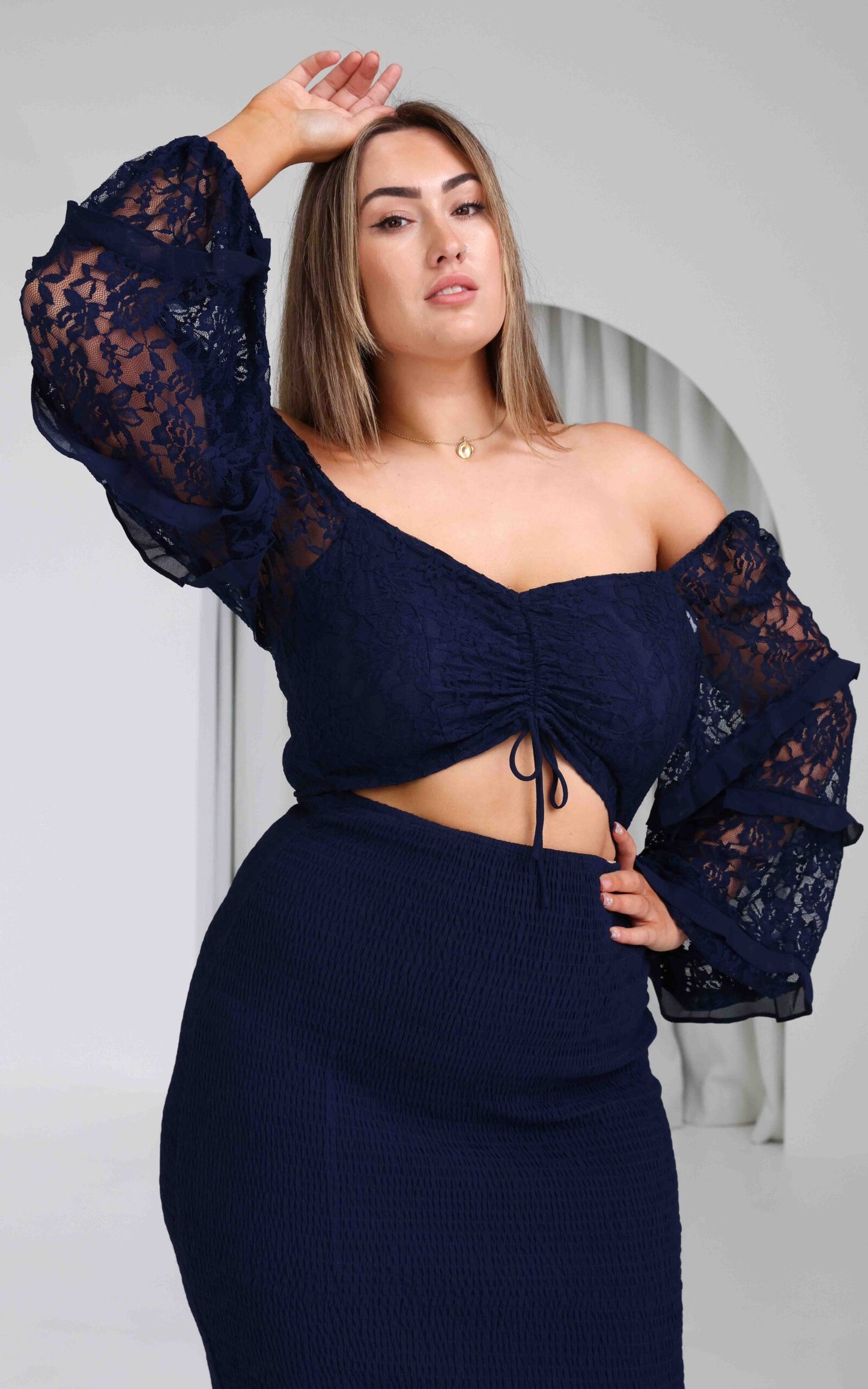 Leona Lace Sleeve Midi Dress - Navy